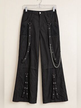 Black Goth Cargo Pants S Wide Leg Strappy Chain Grommet Punk Utility